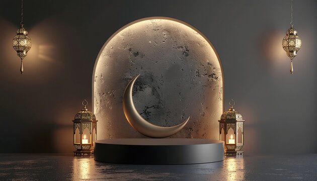 Elegant Presentation Podium with Golden Crescent Moon and Illuminated Lanterns in a Mystical Dark Setting for Spiritual Festivities
