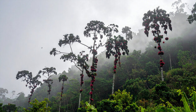 Tall trees with red bromeliads in a misty tropical cloud forest