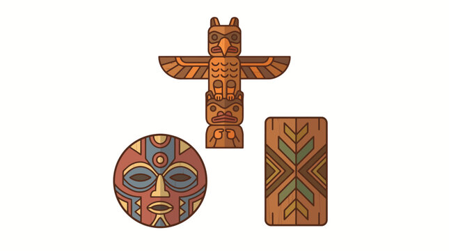 Set of Traditional Tribal Totem Pole and Decorative Mask Illustration. EPS Editable. Vector Illustrations.