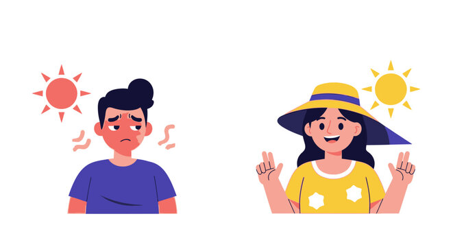 Sun protection comparison between protected and unprotected people. EPS Editable. Vector Illustrations.
