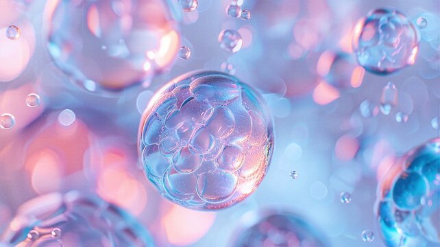 Microscopic cell structure with transparent spheres and internal organic nucleus. Abstract biotechnology and science research background in blue and pink tones, ideal for medical, laboratory, pharmace