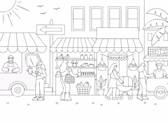 Obraz premium Black and white line drawing bustling outdoor marketplace scene shopping vendors