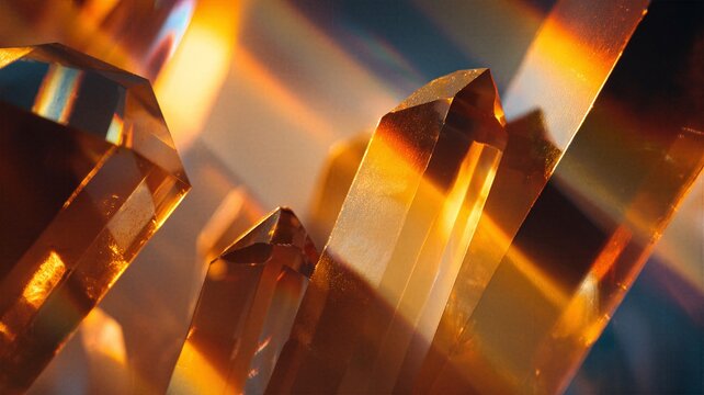 Macro shot of golden citrine quartz crystals with warm sunlight and rainbow refraction. Natural mineral energy concept featuring sharp geometric facets and glowing orange amber tones.