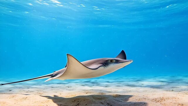 Underwater stingray swimming near sandy bottom