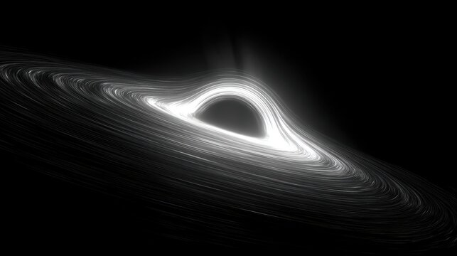 Black hole, fantasy, mysterious. A black and white digital artwork depicts a swirling vortex of light and shadow. The vortex is composed of concentric circles.