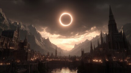 Fototapeta premium Eclipse, fantasy, mysterious, supernatural. A detailed digital artwork depicts a grand, gothicstyle cityscape bathed in the warm glow of a setting sun. The city features towering spires.