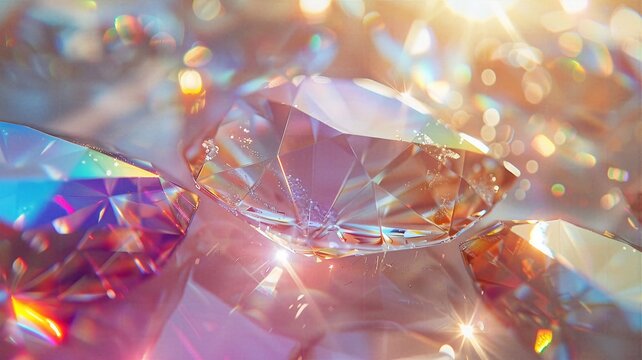 Sparkling diamonds macro background with dreamlike rainbow dispersion and bokeh light effects, luxury brilliant cut gemstones with crystalline texture for jewelry design, festive celebration, elegant 