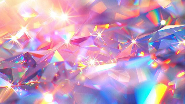 Dreamy purple crystal refraction background with iridescent rainbow light and sparkling star bokeh, abstract geometric facets featuring luxury gemstone texture for cosmetic packaging, fashion backdrop
