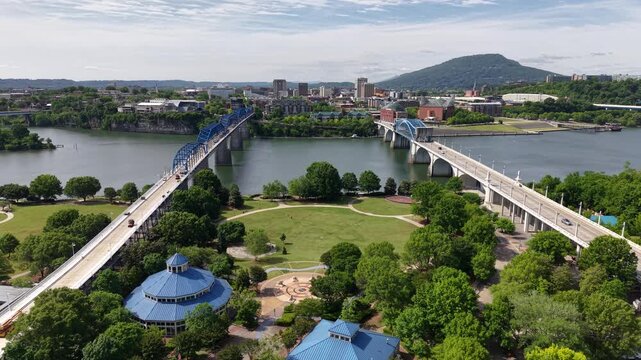 Aerial view of Walnut Street Bridge and downtown Chattanooga skyline