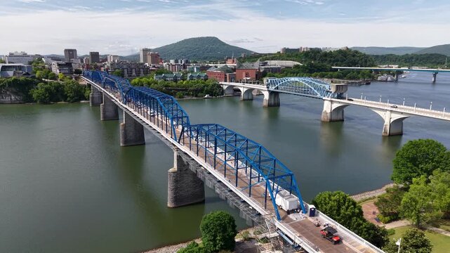 Aerial view of Walnut Street Bridge and Coolidge Park in Chattanooga Tennessee