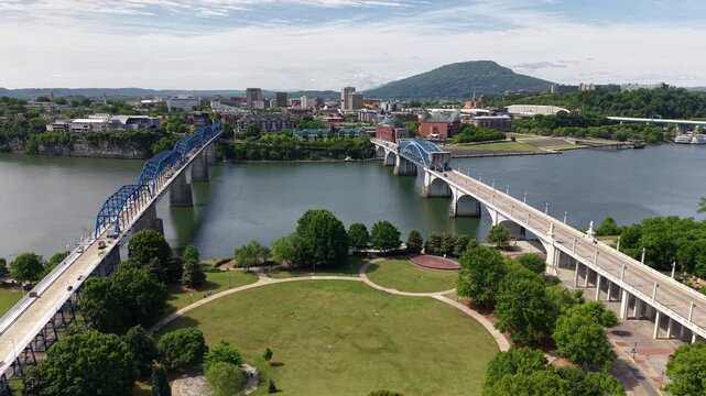 Aerial view of Walnut Street Bridge and Northshore district in Chattanooga Tennessee