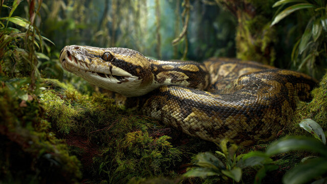 Photorealistic Burmese Python preying on its food in a natural forest, three dimensional effect, high detail, 16:9 aspect ratio, wildlife photography, natural habitat, dramatic lighting