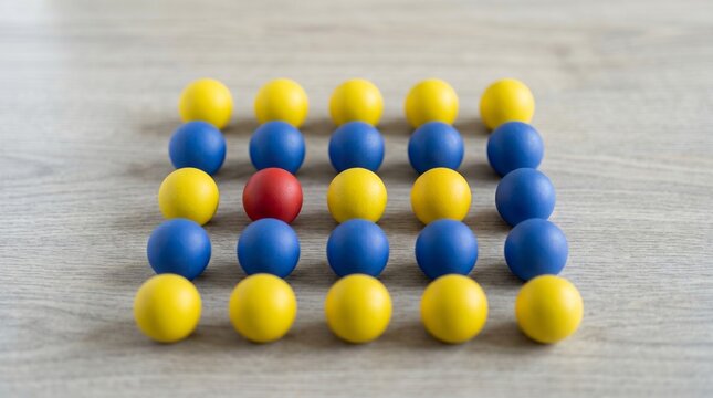a single red sphere is embedded within a geometric grid of yellow and blue spheres. It serves as a visual metaphor for defiance and the assertion of self against a structured, predictable environment.