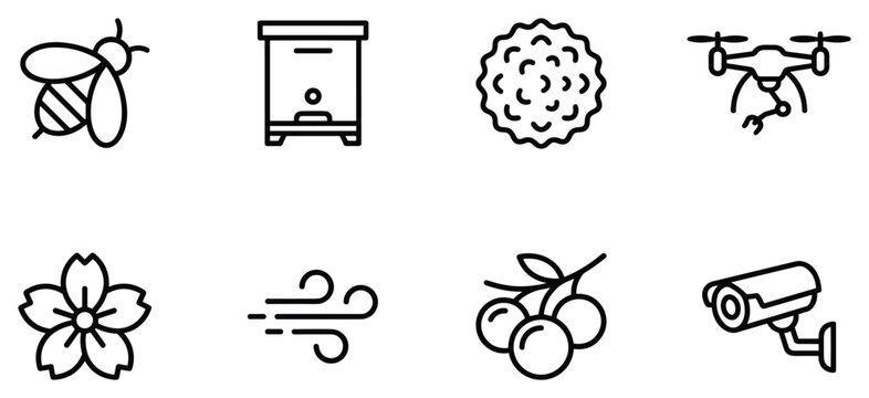Bee hive flower wind data drone and fruit icons for apiary and agriculture concepts.