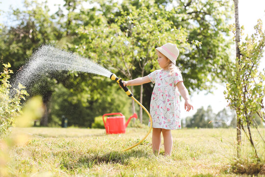 A little cute baby girl 3-4 years old in a dress watering the plants from a watering can in the garden. Kids having fun gardening on a bright sunny day. Outdoor activity children