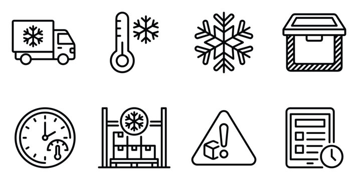 Cooling transport truck temperature snowflake symbol thermometer box and clock icons.