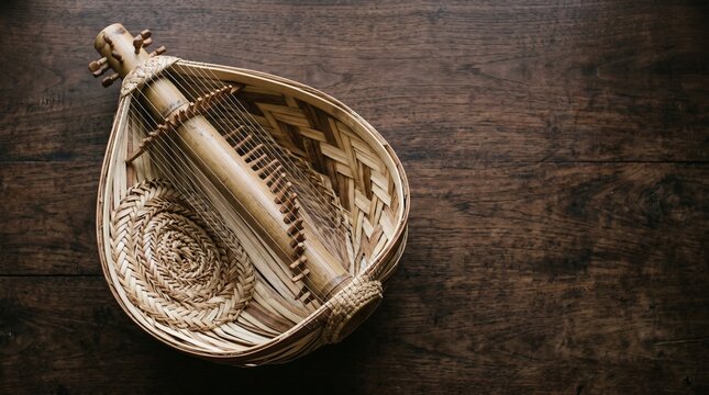 Traditional Sasando instrument on wooden surface, ideal for cultural branding, tourism promotion, and education materials.
