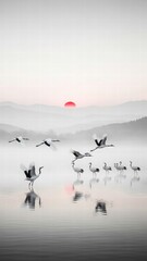 Fototapeta premium Serene Crane Ascent: Witness a flock of elegant cranes in flight, gracefully soaring above a tranquil, misty lake at dawn, with the sun rising serenely in the background.