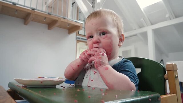 Messy Infant eating cookie at home. Dirty and cute baby with food stains sits happily in high chair and looks at camera, clearly demonstrating the pure joy and inevitable mess that comes with eating