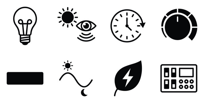 Light bulb sun eye clock dial leaf and power outlet icons symbolizing smart farming technology.