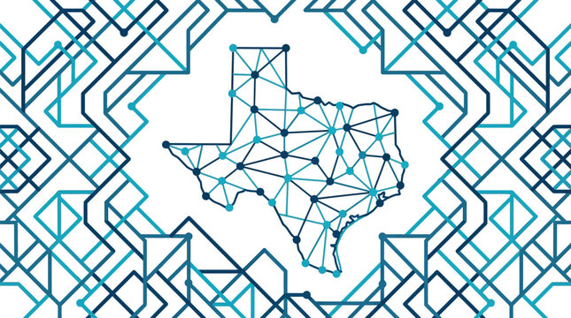 Texas map outline features a modern geometric network design centered against a stylized linear patterned background.