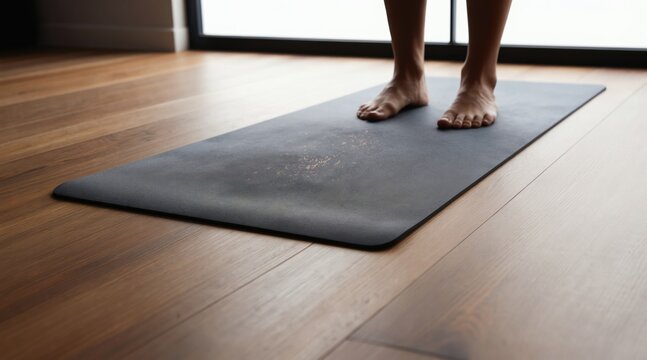 Bare feet stand on dark grey grounding mat with copper fibers on wooden floor. Natural light from window creates calm atmosphere. Practice yoga or meditation indoors.