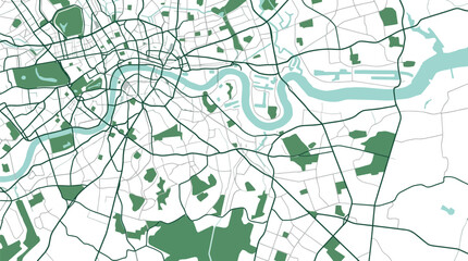 Fototapeta premium Topographical map highlights the green spaces and natural river flow within a dense urban landscape.