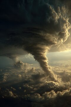 Tornado, twister, weather, natural disaster. A dramatic depiction of a stormy sky, captured from a high vantage point. The main subject is a large, swirling cloud formation.