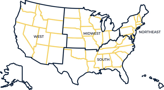 United States map displays regional divisions including the West, Midwest, South, and Northeast territories.