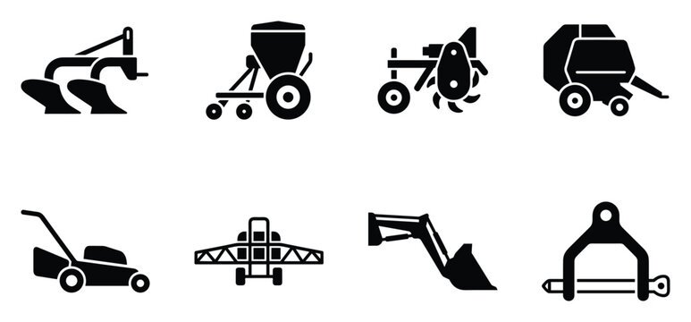 Plow seeder tiller baler lawn mower sprayer excavator and hitch for farming machinery and soil preparation.