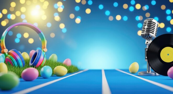 Music themed Easter concept with headphones microphone vinyl record and colorful eggs on a blue track