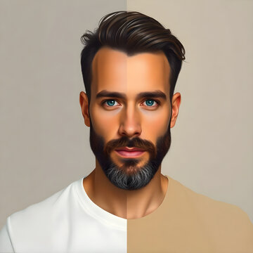 "Portrait of a handsome man with a groomed beard and stylish pompadour hairstyle on a neutral background"