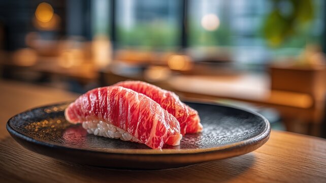 新鮮な和牛の握り寿司が黒い皿に盛られている。和食店やグルメ紹介のシーンに最適な高級寿司のイメージ素材