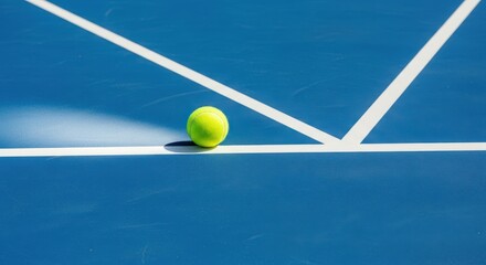 Tennis ball on a blue hard court with white boundary line