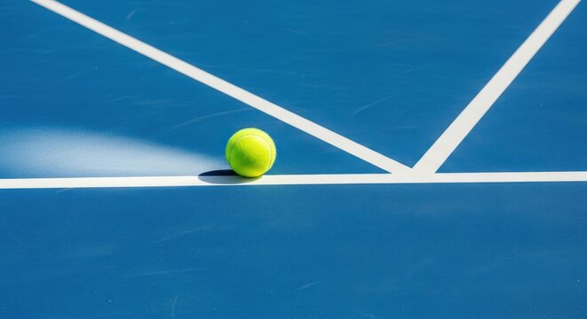 Tennis ball on a blue hard court with white boundary line