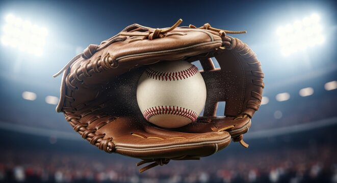 Baseball ball caught in leather glove inside stadium arena
