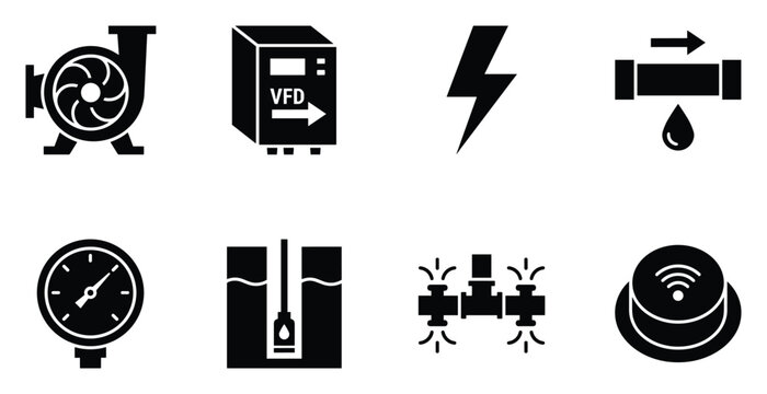 Water pump VFD lightning bolt pipe gauge submersible pump sprinklers and Wi-Fi device icons.