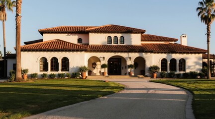 Fototapeta premium Spanish revival mansion exterior with terracotta tile roof arched windows and entrance courtyard. Tall palm trees line the rich green lawn leading to the building.