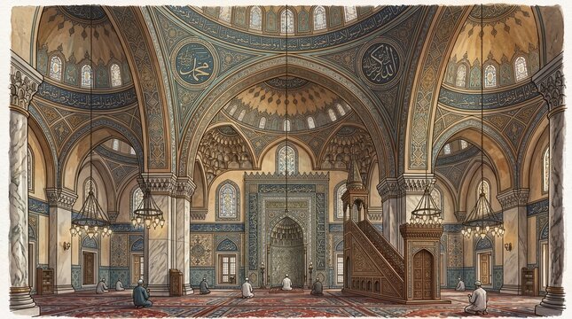 Grand Islamic Mosque Interior with Ornate Dome, Arabic Calligraphy and Prayer Hall Architecture