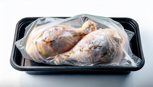frozen chicken in plastic bag with freezer burn and mold