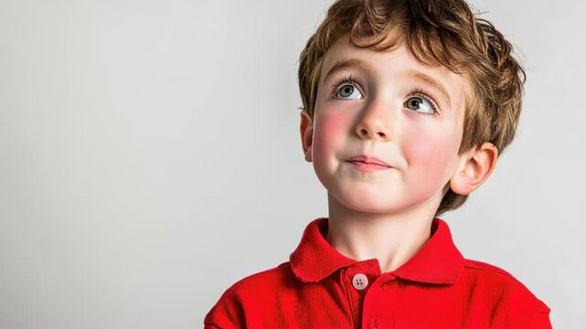Dreamy Young Boy: A young boy, with a charming expression, gazes upward with a look of wonder and imagination, evoking feelings of innocence, aspiration, and boundless potential. 