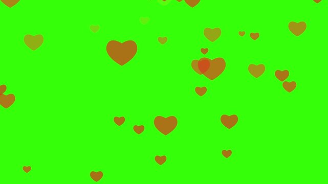 Animated red hearts falling on a green screen background for chroma keying in romantic video projects.