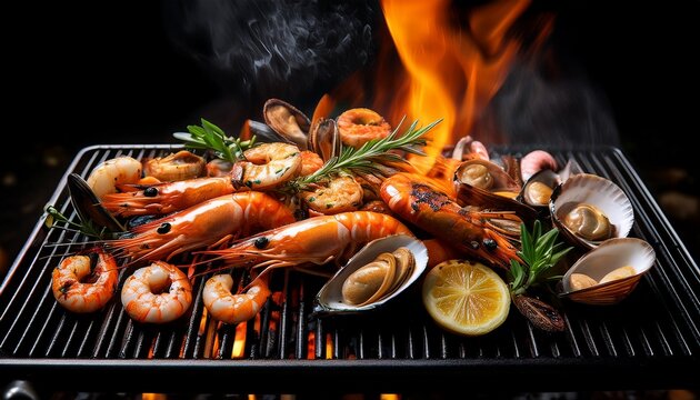 grilled seafood on a black grill with orange flames featuring shrimp and shellfish garnished with greenery creating a vibrant culinary scene