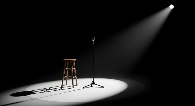 A singular spotlight illuminates a vintage microphone stand and a wooden stool on an empty