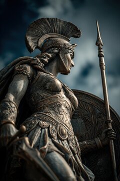 Greek mythology god Athena. Fantasy. A detailed bronze statue depicts a warrior in a side profile. The warrior wears ornate armor with intricate patterns and designs.