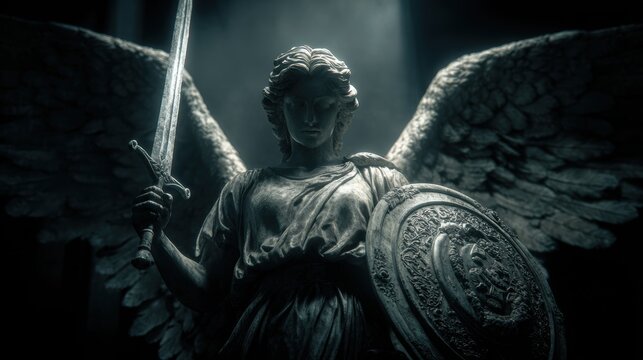 Fantasy wallpaper. A dark, moody, and atmospheric portrayal of an angelic figure. The angel is depicted in a side profile, holding a sword in one hand and a shield in the other.