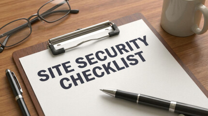 Obraz premium Professional Site Security Checklist on Clipboard with Glasses Pen and Mug
