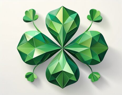 a geometric green shamrock emblem rendered in lowpoly design on a white background