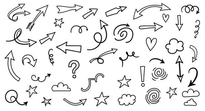 Collection of Hand Drawn Arrows and Symbols Doodle Style.