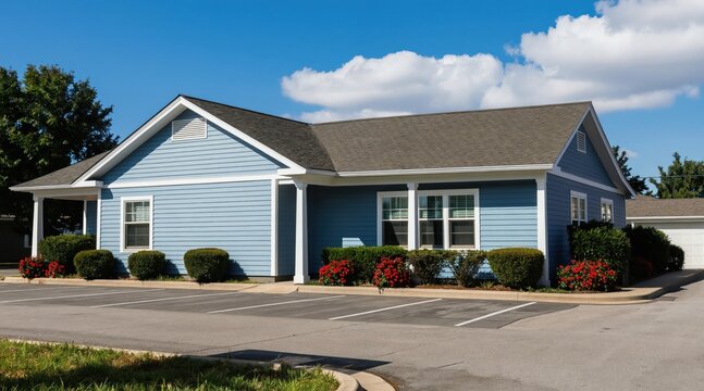 Small blue office building exterior with white trim. Landscaped bushes and red flowers surround the structure. Parking lot in front under clear blue sky.